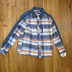Sean John Boy's Large Blue Grey Orange Striped Plaid Button Up Shirt